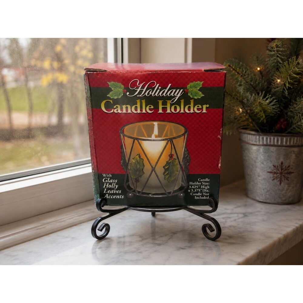 Holiday Candle Holder with Glass Holly Leaf Accents Christmas Tealight Votive De